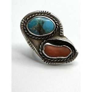 Vintage Native American sterling silver turquoise and coral ring size 5